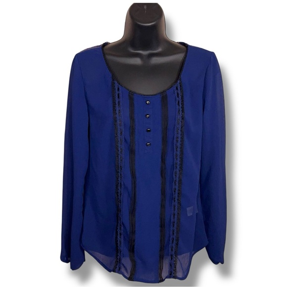 Medium Juniors Candies Blue Black Lace Accent Semi Sheer Retro Goth Long Sleeve - Picture 1 of 14